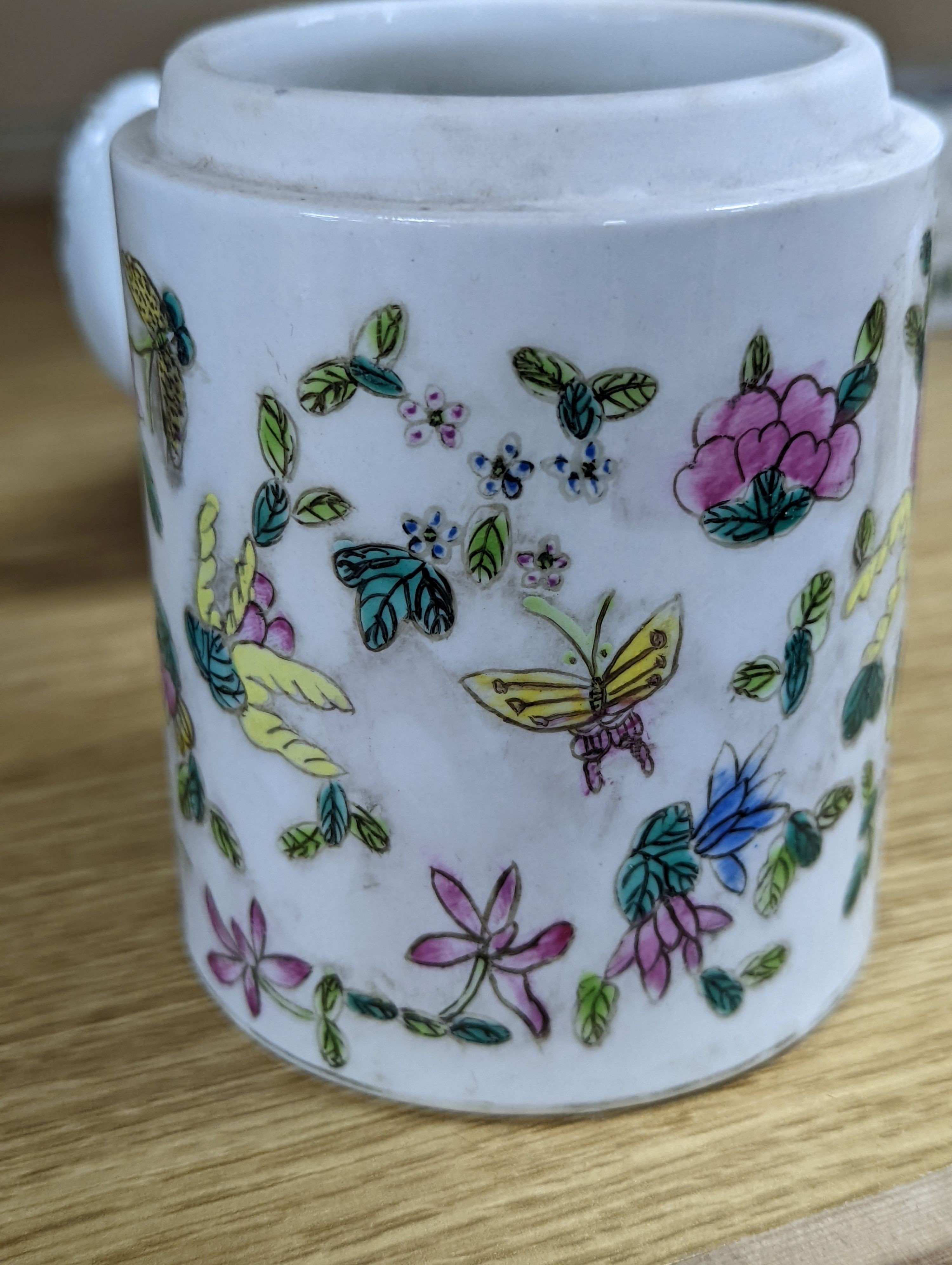 A group of Chinese famille rose vases and jars, a box and cover and a teapot, 19th/20th century, Pair of vases 13 cms high.